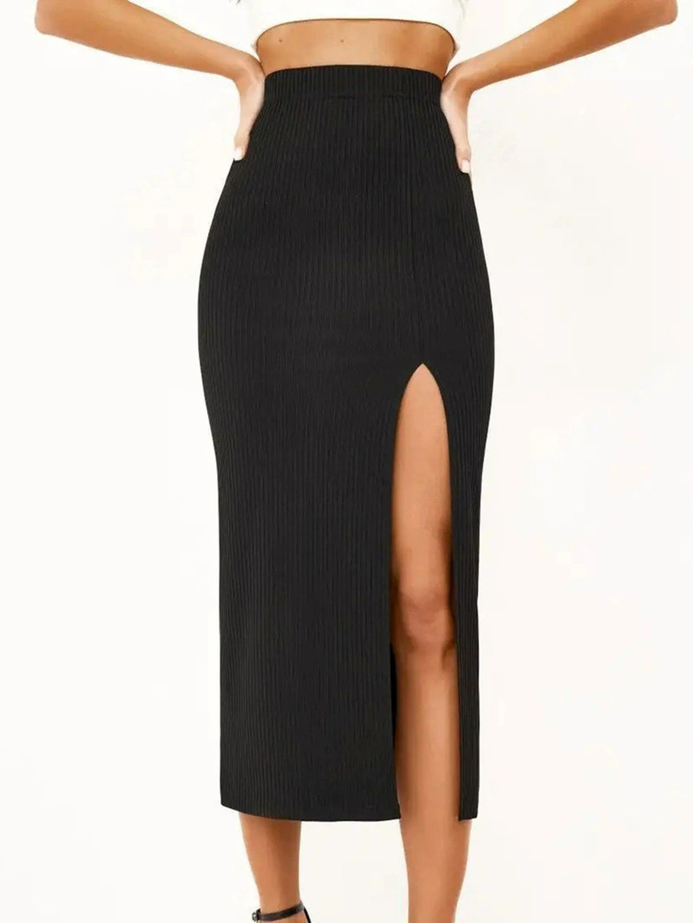 Forever 21 Spring Summer Knit Black Straight Slit Midi Skirt